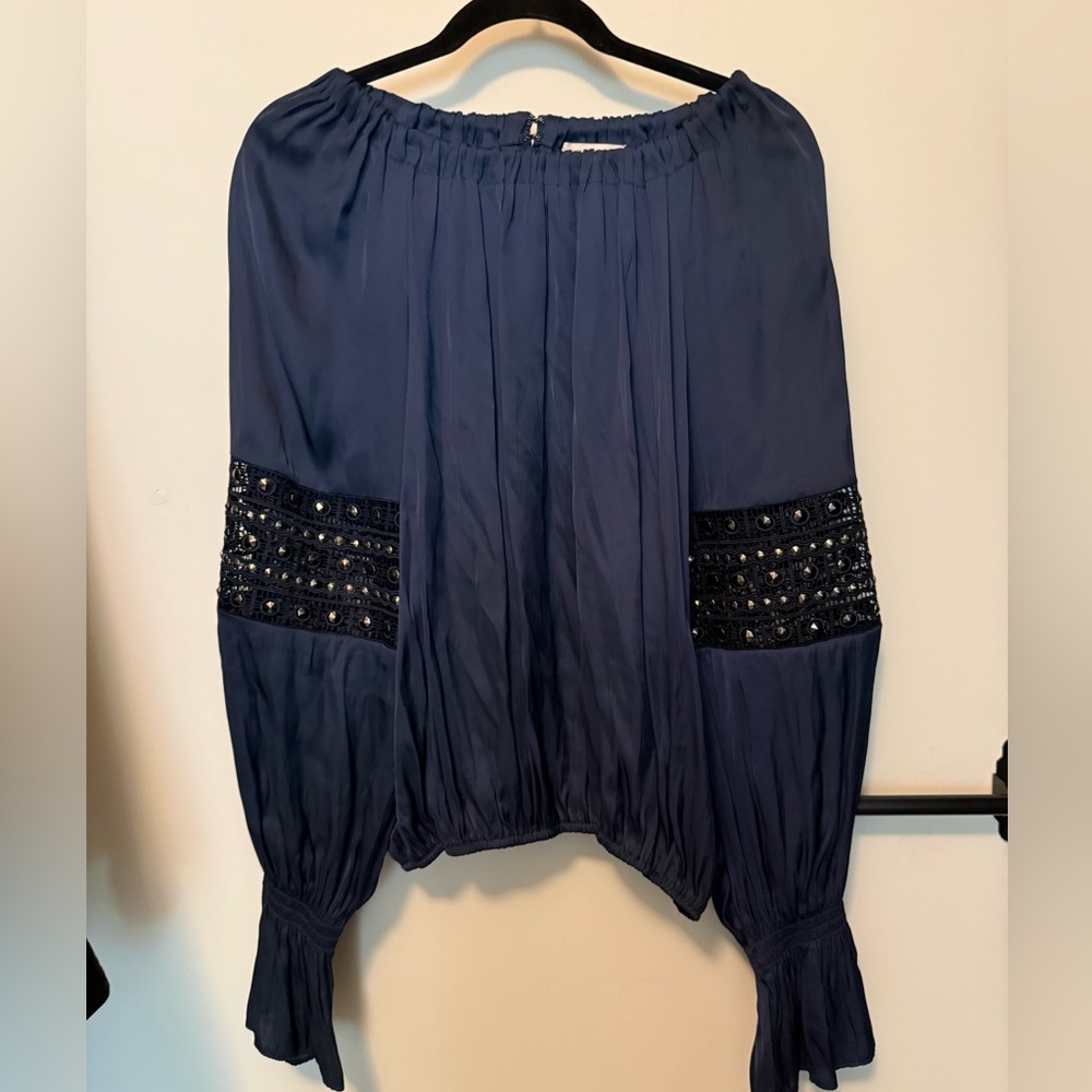 RAMY BROOK Stud Embellished Tunic Long Sleeve V Neck Peasant Top Large Reg $345